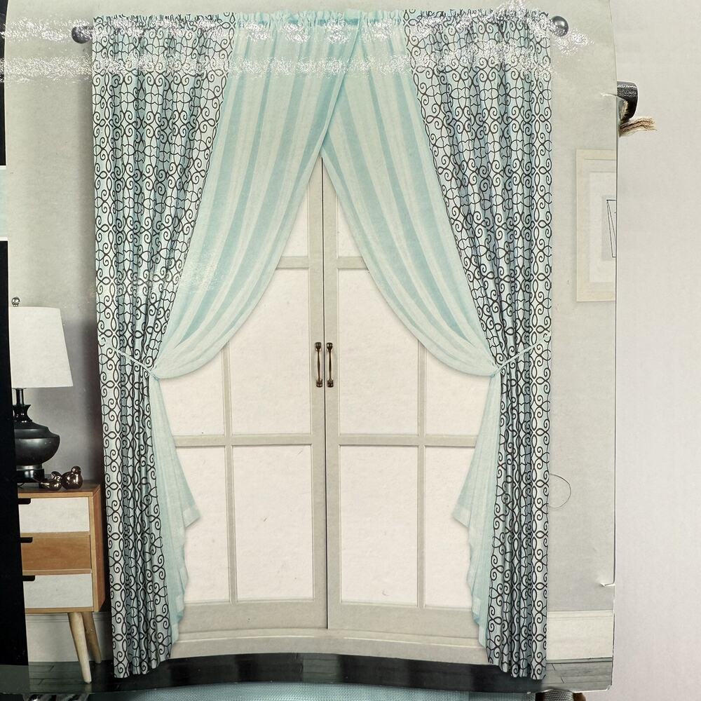 Curtain Panels & Sheers Set 2 Panels Sheers Tie Backs Spa Blue Chocolate Scroll